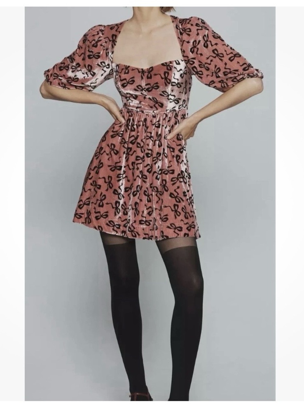 Anthropologie Rose Pink Velvet Mini Dress with Black Bow Motif